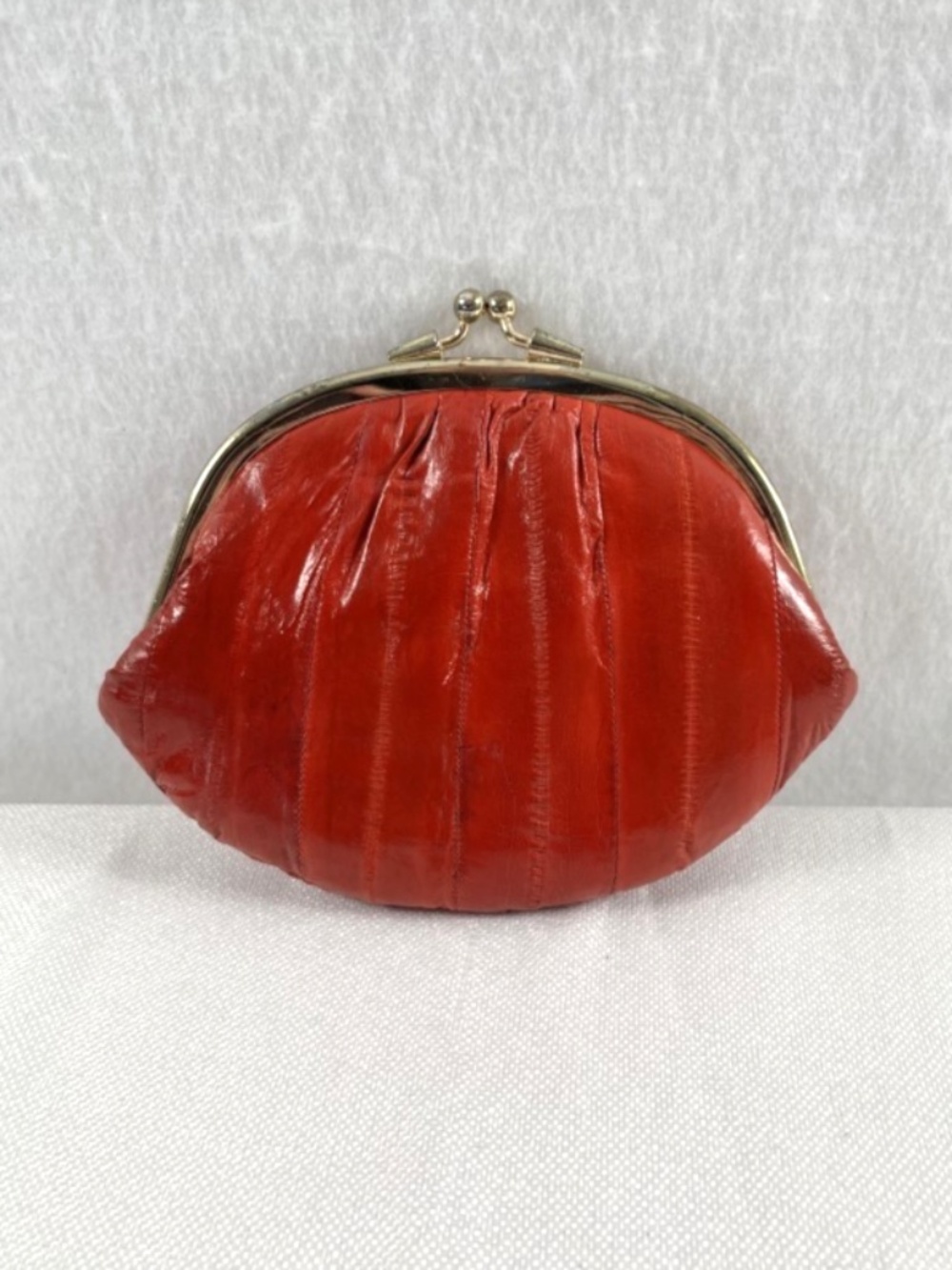 Vintage Genuine Eel Skin Coin Purse Wallet Red Double Kiss Lock 80's